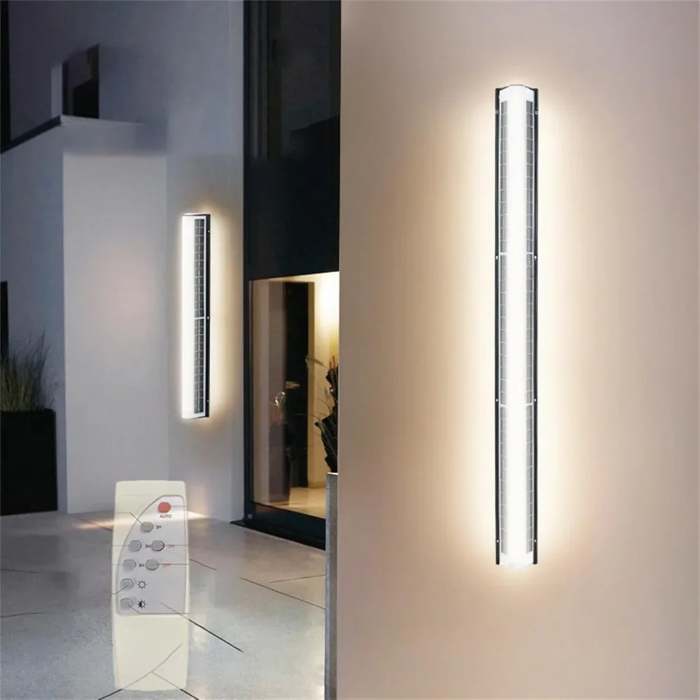 

Solar Outdoor Wall Lights with Remote Control Long Strip LED Wall Sconce Solar Security Wall Lamps Super Bright Modern Minimalis