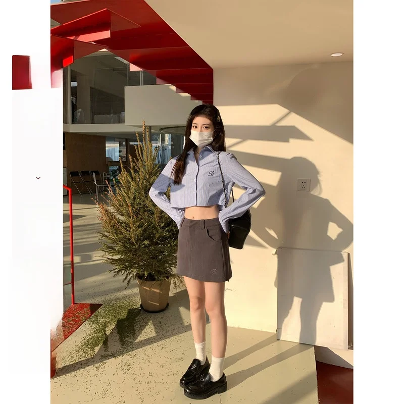 

Hhi Korean Sle Embroidered College irt Women's ort Blue Stripes Spring Autumn Design Sense Inner Wear Top
