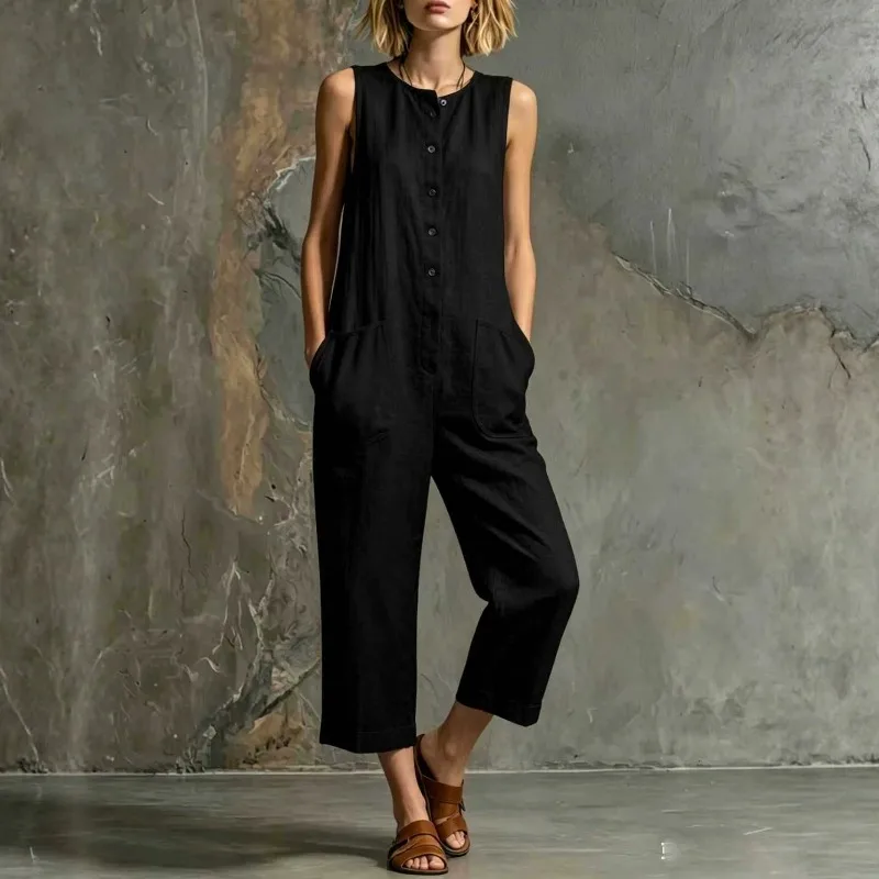 Summer New Casual Retro Sleeveless Cotton And Linen Wide Leg Cropped Jumpsuit Buttons Pockets O Neck Vintage Solid Suit Pant Top