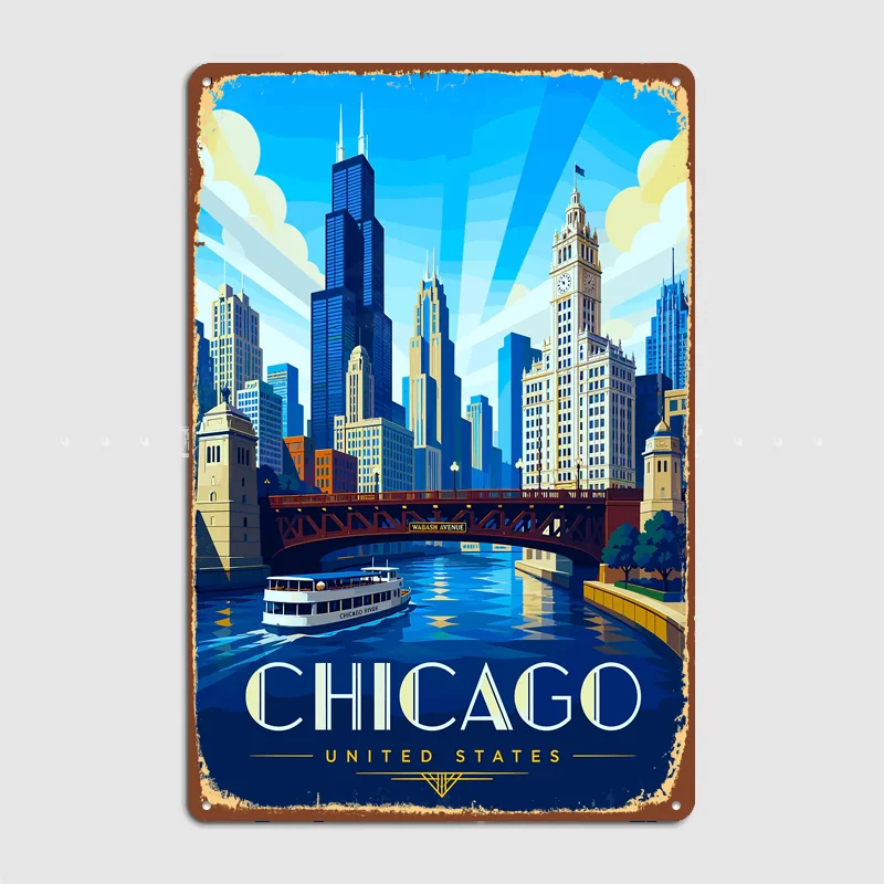 Chicago USA Skyline Art Poster Metal Custom Sign Living Room Wall Indoor Decor Room Decoration Bedroom Posters Home Decor