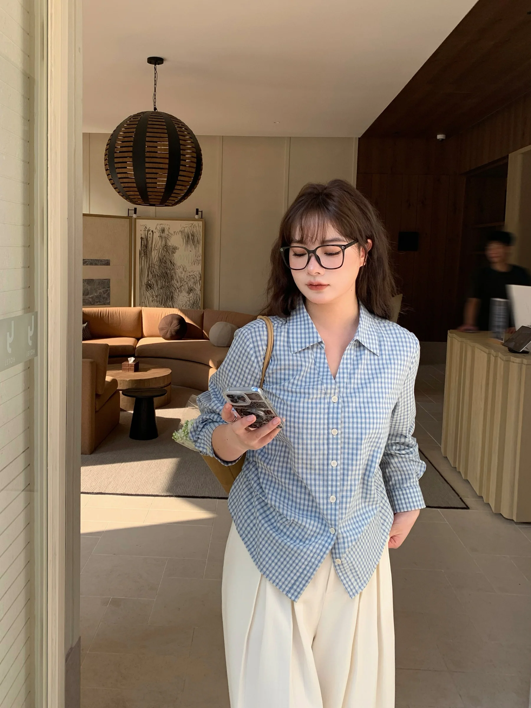 

Blue Plaid Long Sve V-Ne Loose Women's irt Autumn Faionable Commute Sle Pure Cotton Anti-Wrinkle Breathable