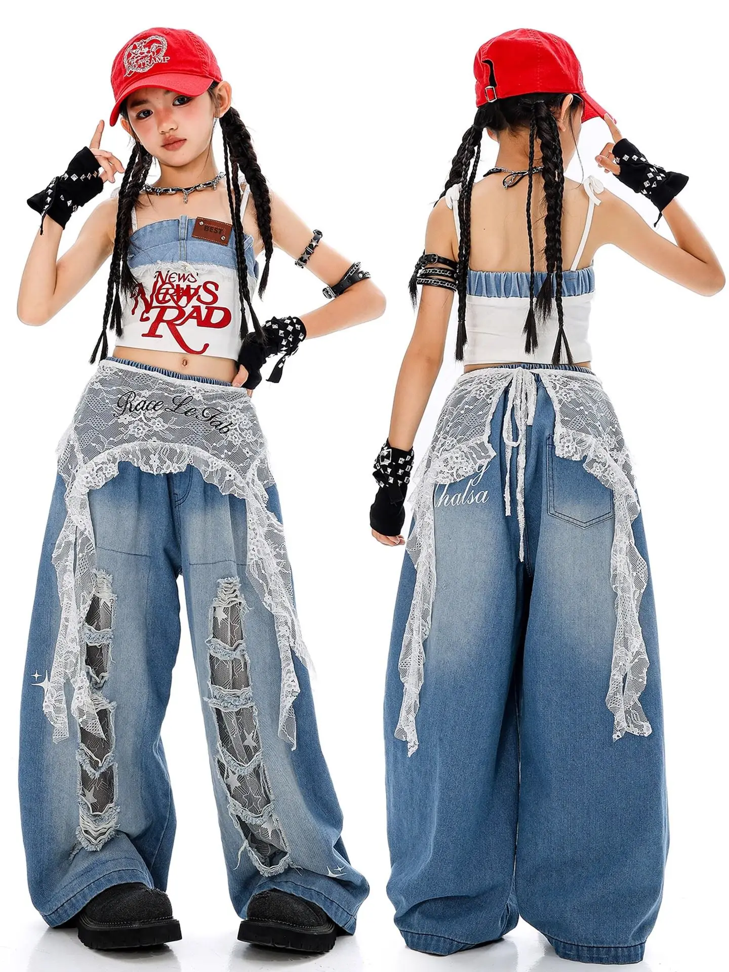 2025 الأطفال سترة جينز السراويل فضفاضة وتتسابق الهيب هوب ملابس الرقص للفتيات مجموعة الحديثة أداء الجاز المرحلة ارتداء DQS20139