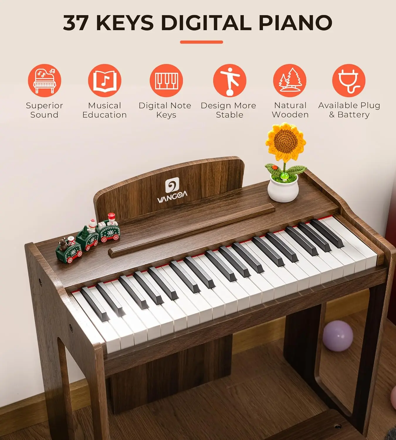 Kids Piano Keyboard, 37 Keys Digital Piano for Kids, Music Educational Instrument Toy, Wood Piano for Girls and Boys, Dar