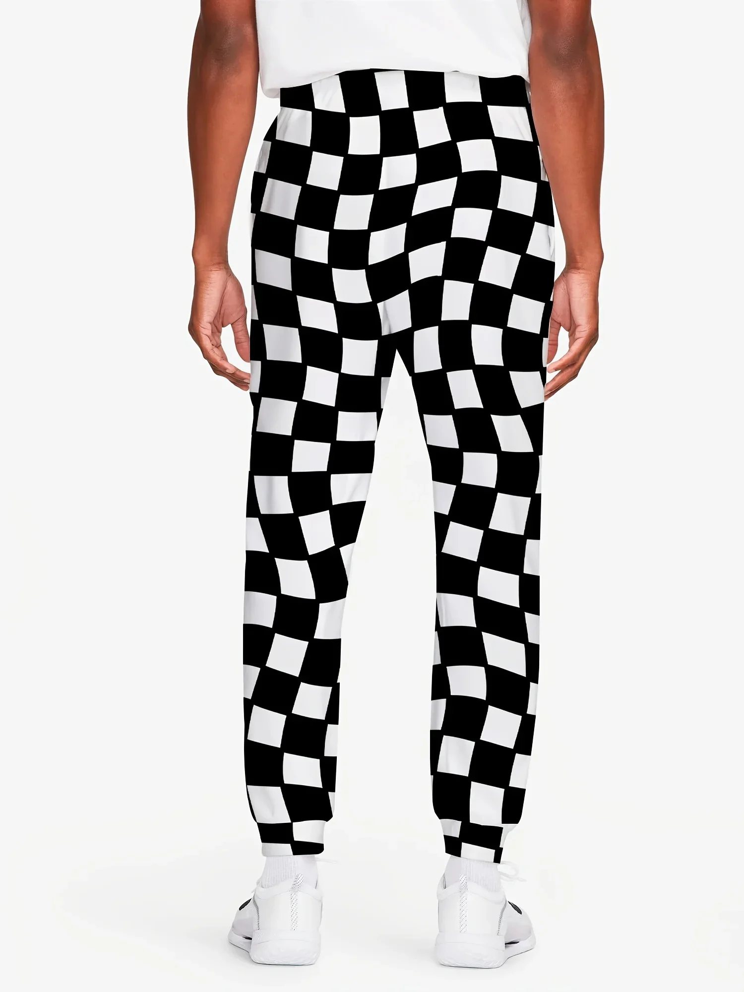 Drawstring Jogger Pants, Distorted Black White Checkerboard Print Trousers, Loose Fit Street Hip Hop Casual Bottoms
