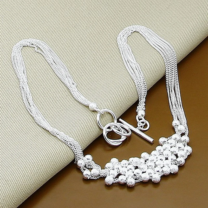 

925 Sterling Silver Small Sand Bead Ball Grapes Necklace 18 Inches Chain Woman Wedding Engagement Fashion Jewelry