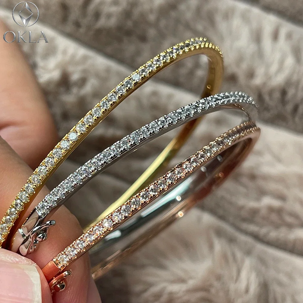 Okla Pure 925 Sterling Silver Full Zircon Bracelet Classic Design Party Jewelry Friendship Bracelet Silver Bangle Rose Gold 17cm