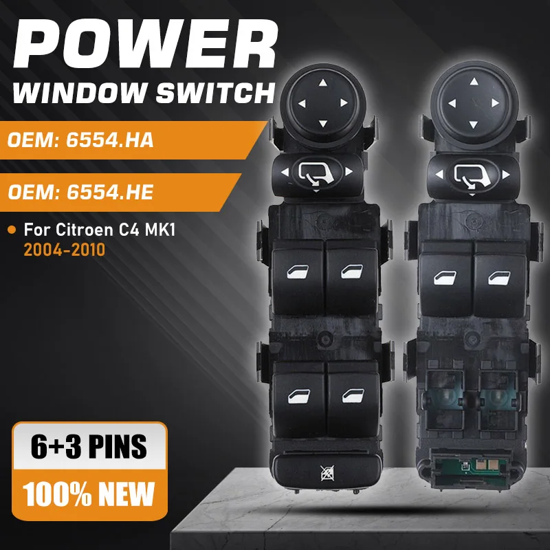 

6554.HA 6554.HE For Citroen C4 I MK1 2004 2005 2006 2007 2008 2009 2010 Car Power Master Window Switch Lifter Button 6+3 Pins