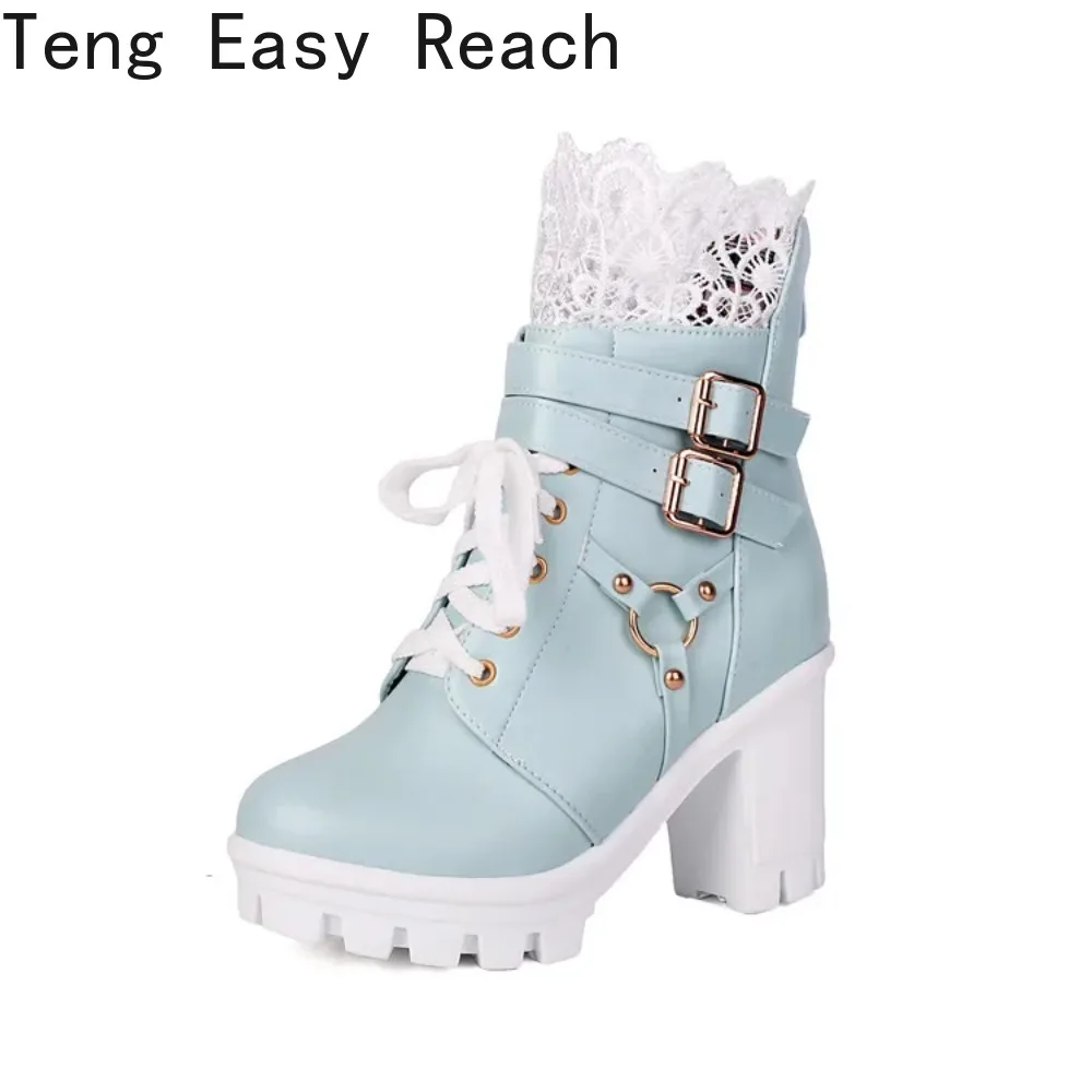 

2026 Autumn/Winter New Fashionable High Heels Ankle Boots Sweet Lace Zipper Metal Decoration Size 34-44
