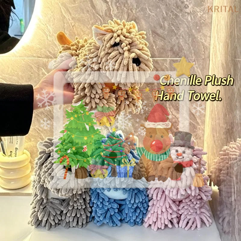 

Cute Cartoon Puppy Hand Towel For Kitchen And Bathroom Wall Mounted Hanging Fluffy Chenille Towel Absorbent Handball Towels