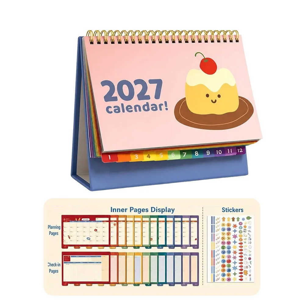 Paper Monthly Calendar Freestanding Monthly Layout Planner Calendar Cartoon Pattern Spiral Bound Desk Planner Desktop Calendar