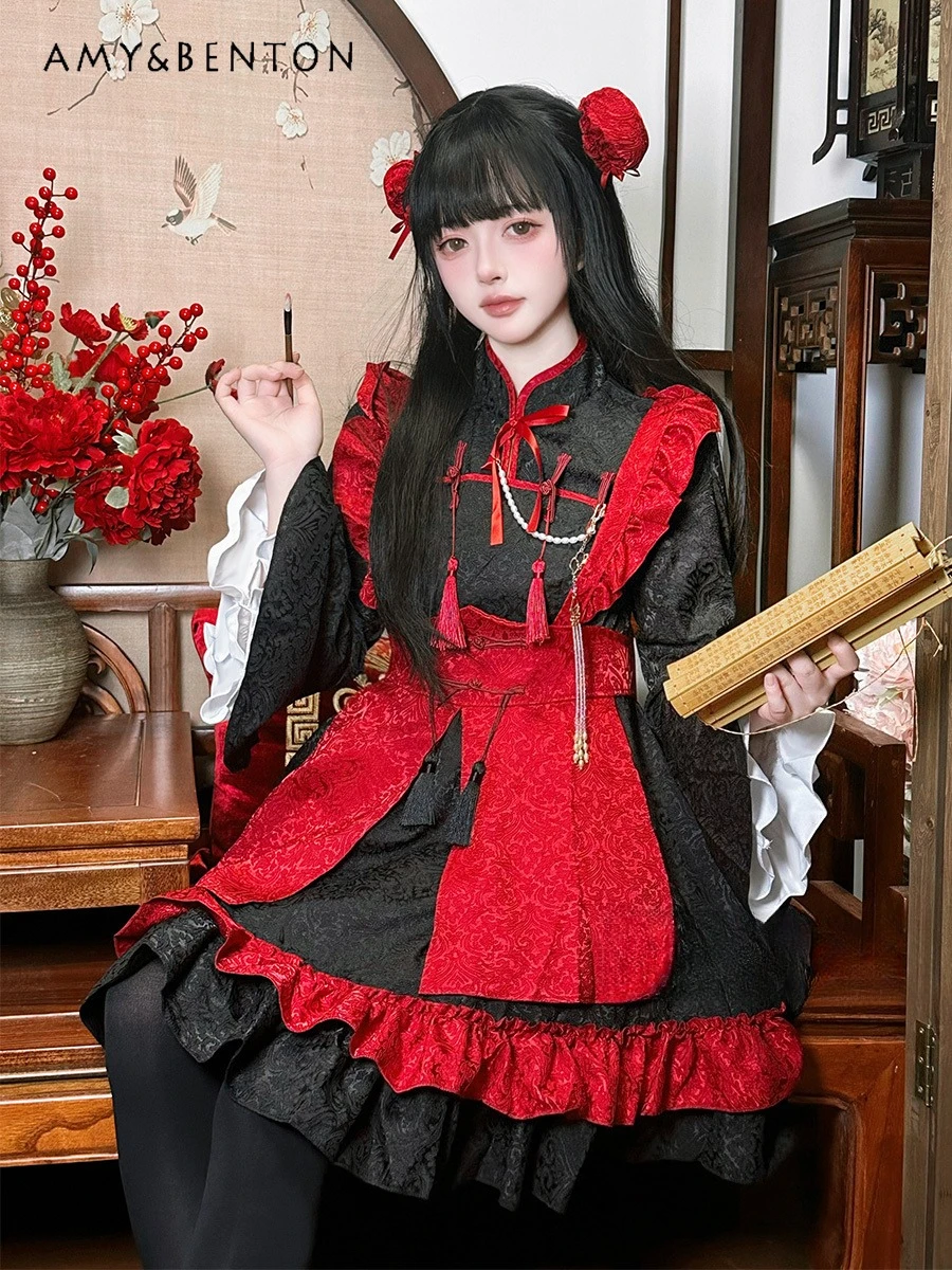 

New Hot Sale Chinese Style Embossed Jacquard Maid Costume Cosplay Outfit Christmas Party Black and Red Lolita Dress