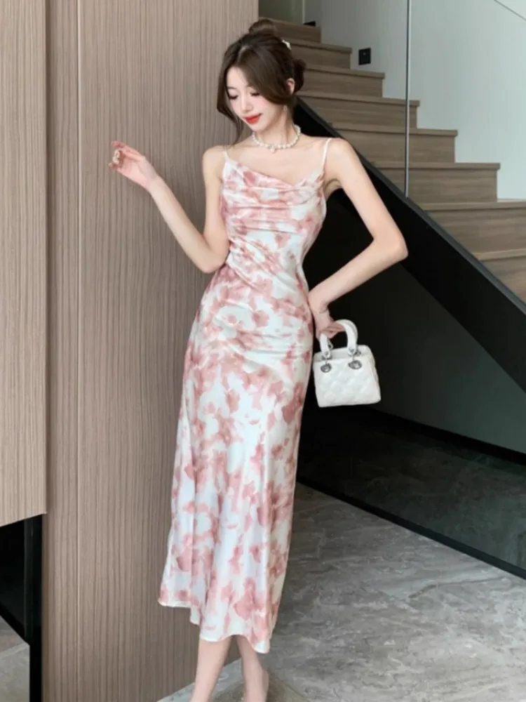 Topanoma Sexy Evening Dresses Women Ink Painting Floral Backless Sleeveless Slim Wedding Party Prom Banquet Elegant Dress Gift