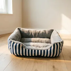 Cama para perro a rayas rectangular con borde acolchado todo el año
