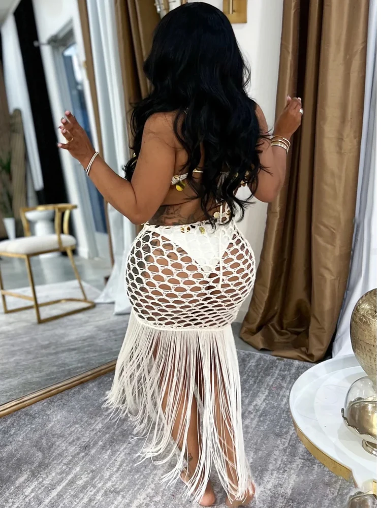Beyprern Sexy Crochet Fishnet Beach Dress Women Sequin Tassel Bikini Cover Up Summer Hollow Out Halter Maxi Bodycon Party Dress