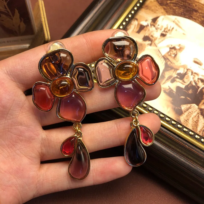 Temperament retro flower ear clip No ear piercing  women long earrings  fashionable  versatile ear stud jewelry