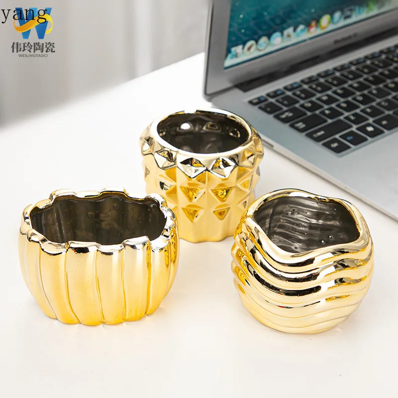 CX ceramic succulent flower pot electroplated gold interior desktop ornament
