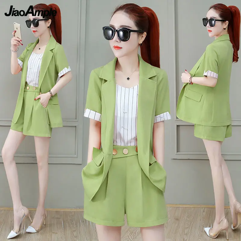 2022 Summer New Suit Jacket Shorts Suspenders Three-piece Women\'s Professional Wear Korean Fashion Blazers Coat Vest Pants Set