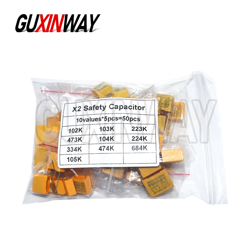 50pcs 10Values Each 5pcs 1NF - 1UF Polypropylene Film X2 Safety Capacitor Assorted Kit 275VAC