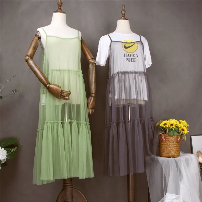 

2025 Women Sexy Strapless Mesh chic Spaghetti Strap Dress Lace Overall Dresses Ladies Fairy A Line Large Hem Long Tank Vestidos