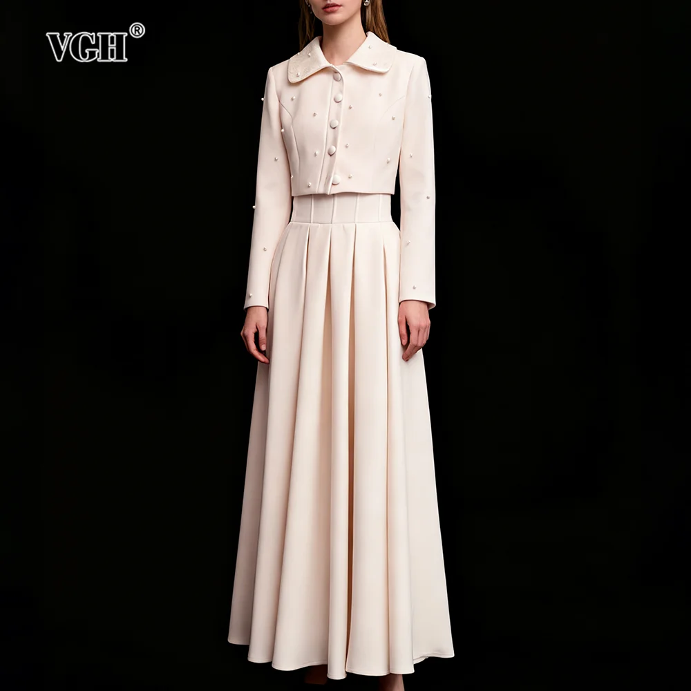 

VGH Elegant Solid Slimming Two Piece Sets For Women Lapel Long Sleeve Top High Waist Skirt Autumn Casual Set Female Fashion New