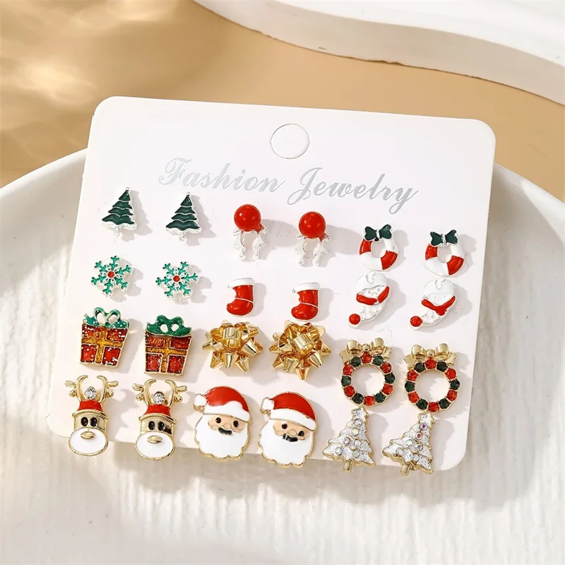 12 Pairs Christmas Enamel Santa Claus Snowflake Earrings Set for Women Zircon Christmas mas Tree Earring Party Jewelry Gift