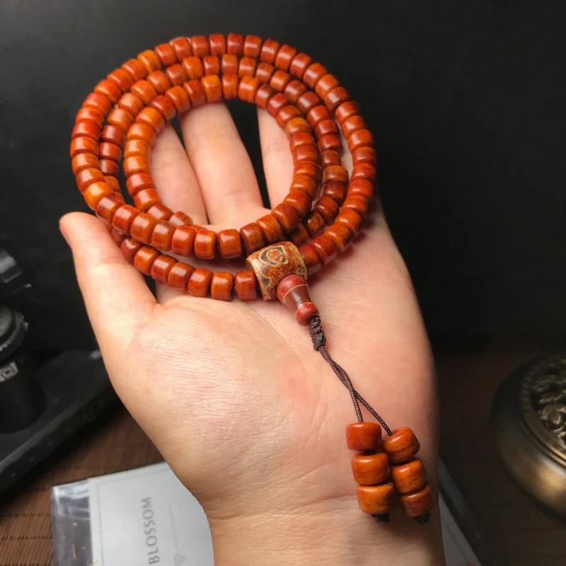 

Tibetan-style aged yak bone 108-bead with agate connectors, unisex long chain bracelet