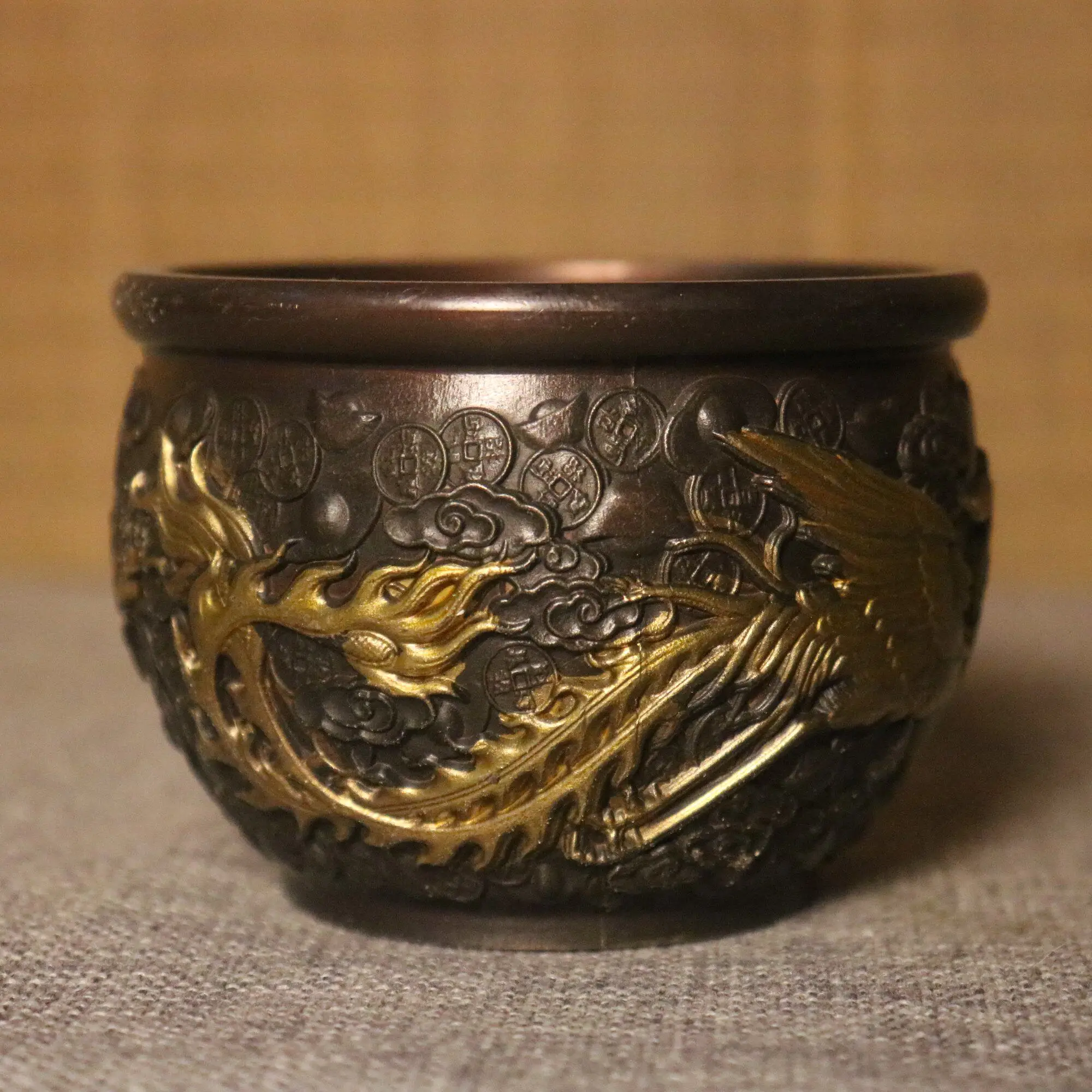 

Vintage Gilded Copper Dragon Phoenix Pot Lucky Auspicious Feng Shui Home Ornament