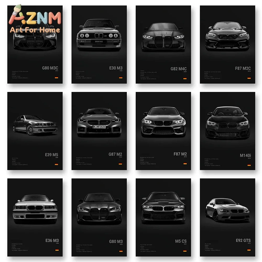 AZNM BMW M Power Canvas Wall Art Black Background German Performance Car Spec Poster Unframed Canvas Print for Garage Decor