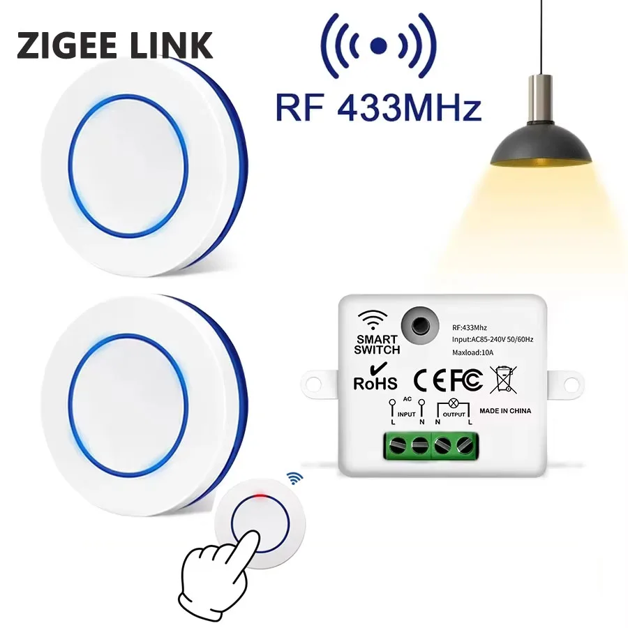 RF 433MHz Wireless Switch 2-Way DIY Remote Control Light Switch 10A Relay Receiver RF Round Button Wall Panel Switch Home Auto