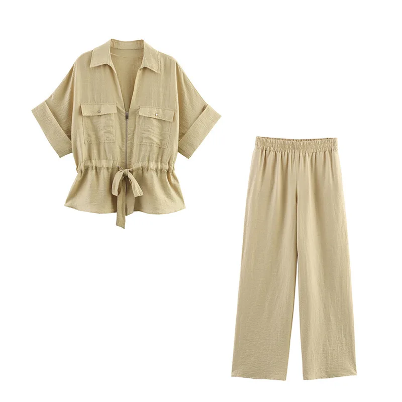 Loungewear Women Fashion Suit Turn-Down Collar Long Sleeve Zipper Shirts+High Waist Long Pants Female Sets Wide-leg Trousers