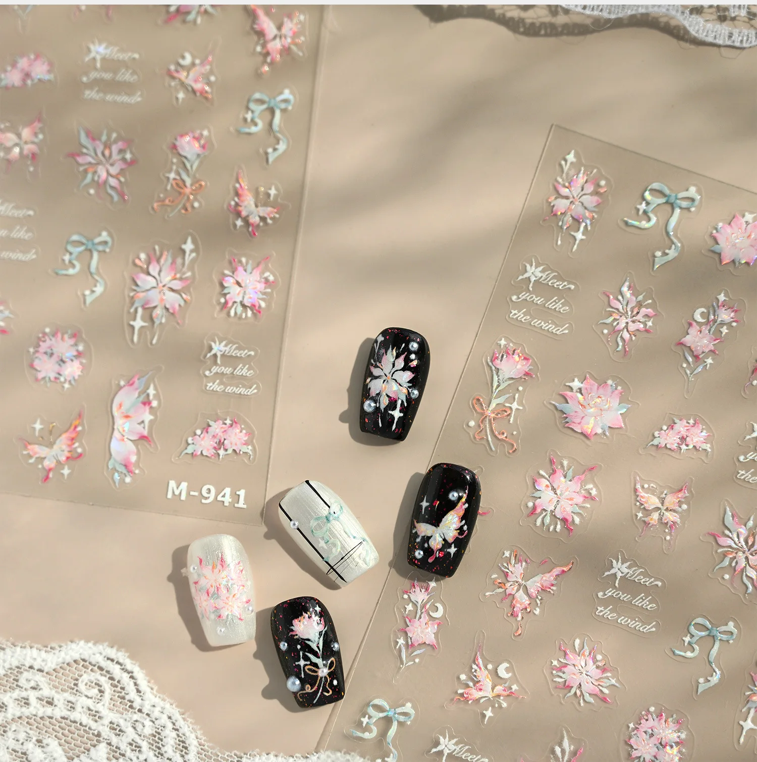 Dressy Chinese Style Pink Flower Butterfly Bowknot Magnolia Flower Wildflower Shimmering Pearl Nail Art Stickers Manicure Decals