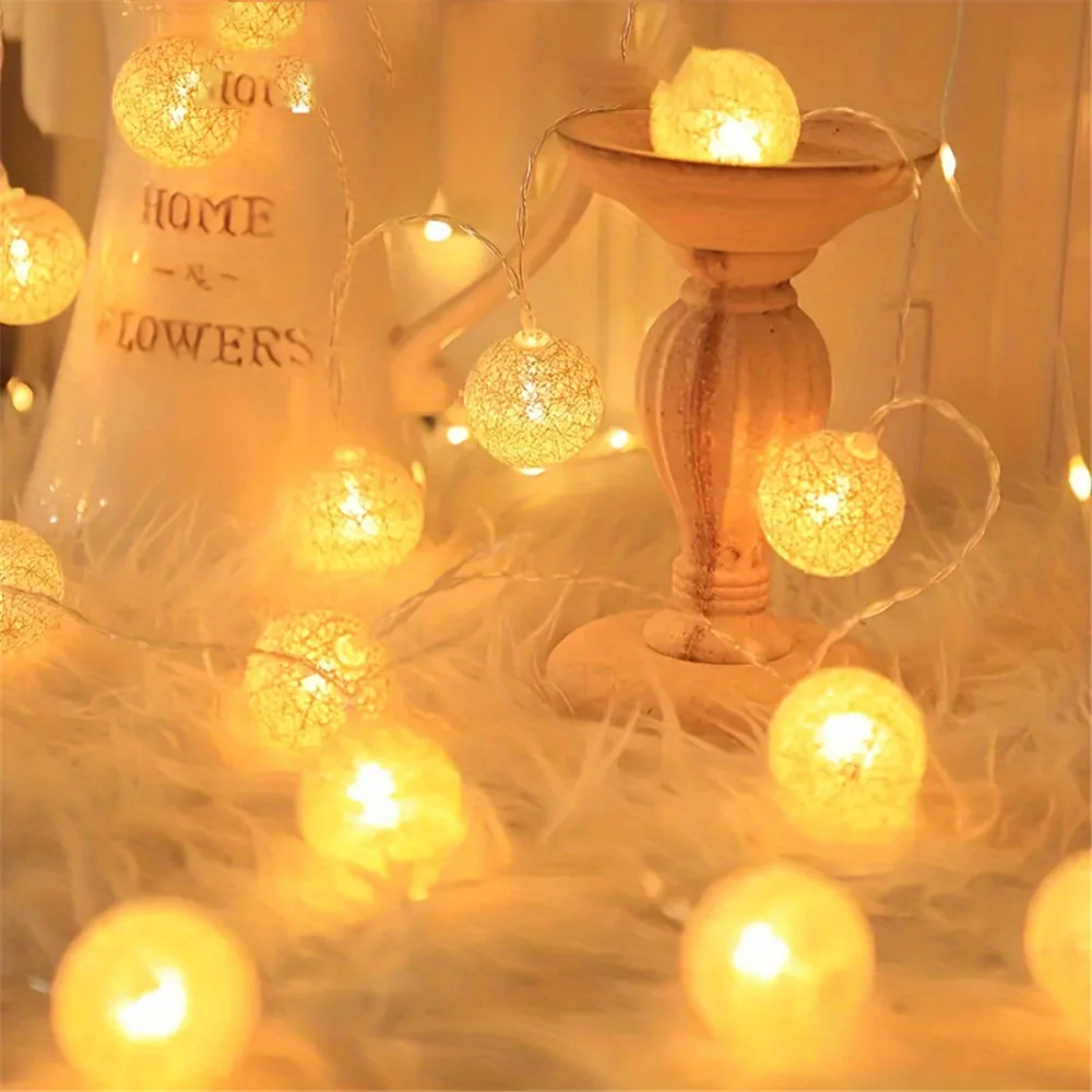 Christmas Cotton Ball Decorative String Light Handmade DIY Thread 10/20 Balls String Lamp Battery Family Party Fairy Lights