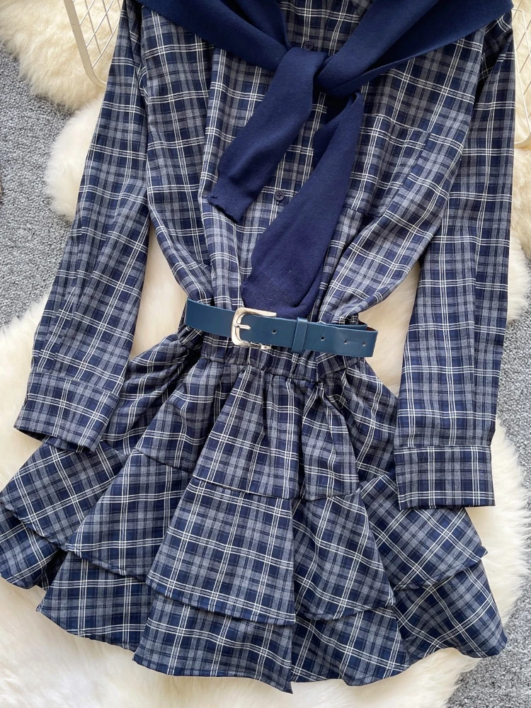 Vestido xadrez vintage coreano feminino, outono, manga longa, babado, bainha, cinto, midi, com xale de malha, estilo retrô chique