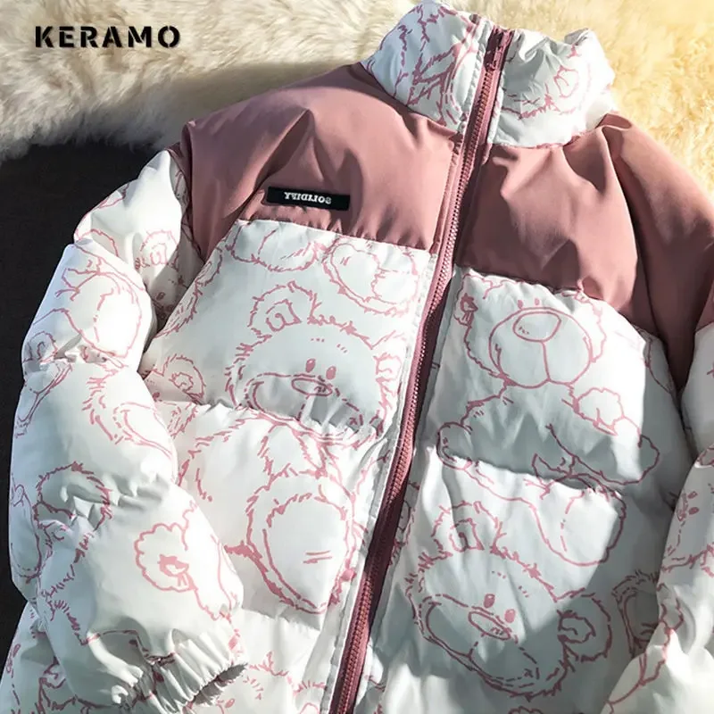 Casual Sweet Long Sleeve Printting Zipper Parkas 2024 Winter Women Lovely Outerwear Jacket Warm Patchwork Lady Thick Coat