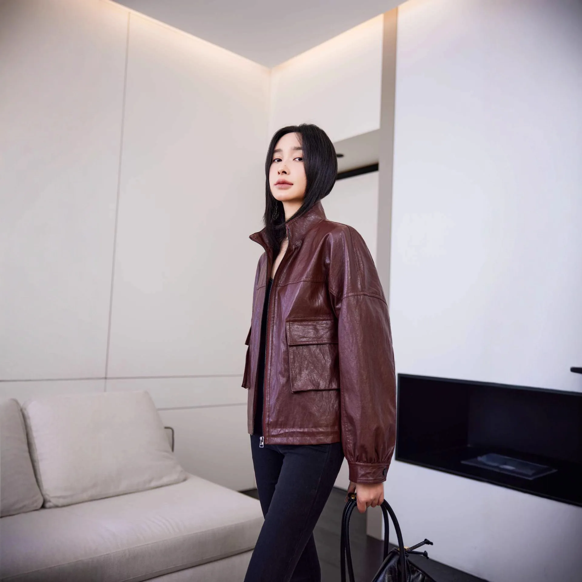 فو بولي معاطف معاطف جلدية النساء الصلبة جاكيتات جيب سستة الوقوف طوق طويلة الأكمام فضفاضة عادية مكتب سيدة 2025 ربيع الخريف #4