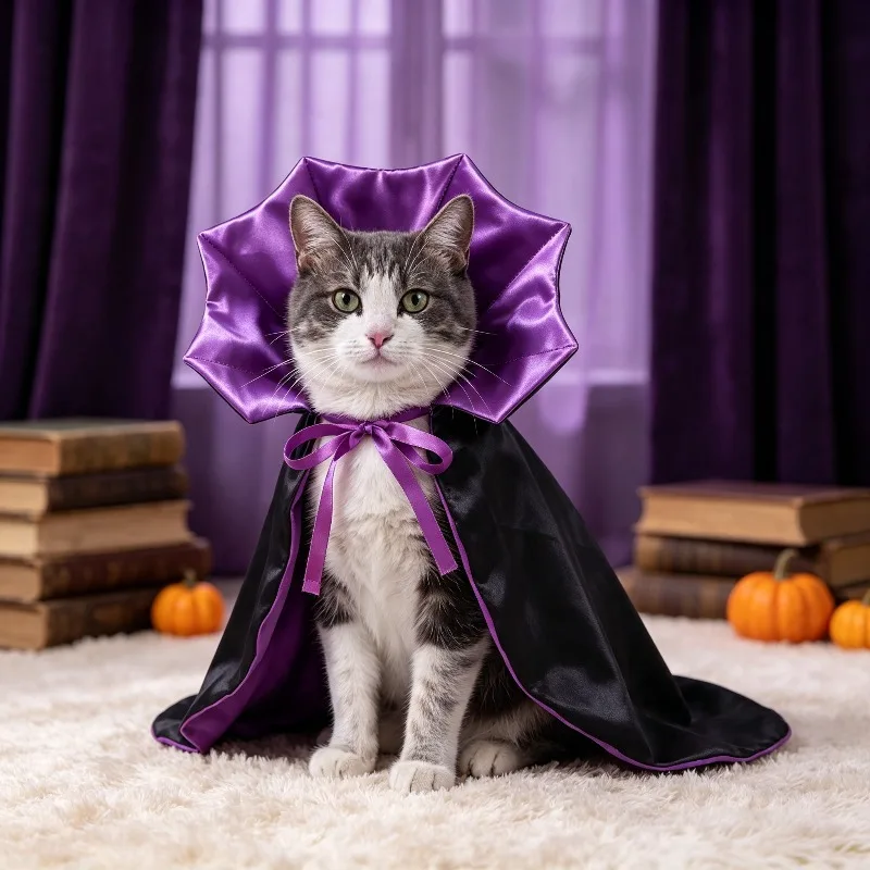 Cat wearing a Halloween pumpkin cape and wizard hat