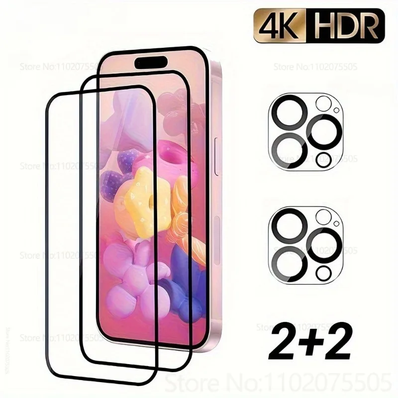 

2Pcs HD Black Border Screen Protectors+2Pcs Screen Lens Protector for IPhone 15 Pro Max 16E 14 Plus 11 13 12 Pro Tempered Glass