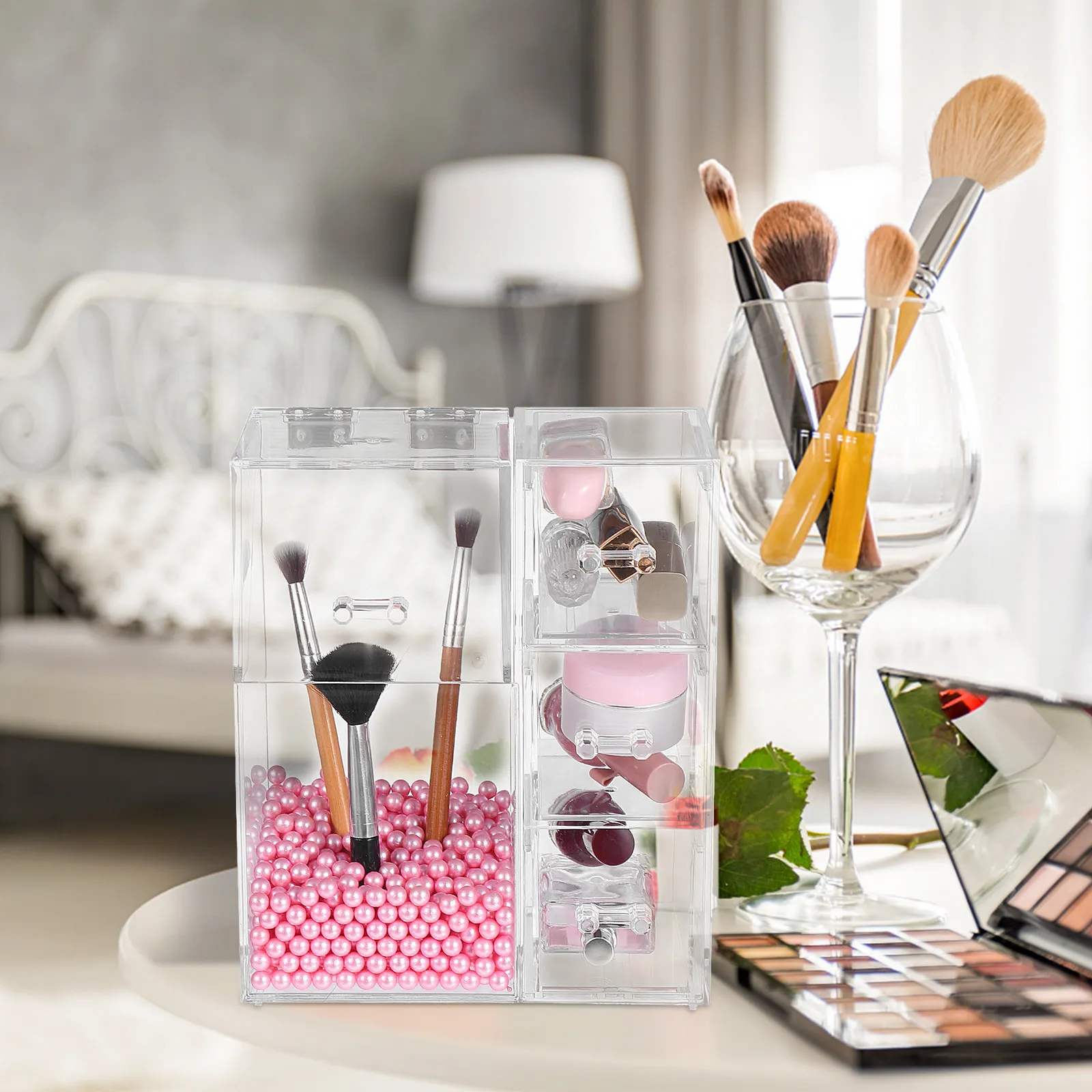 Crystal Clear Makeup Brush Holder Organizer Box for Brushes, Sponges, Lipsticks, Foundations, Blush & Eyeshadow