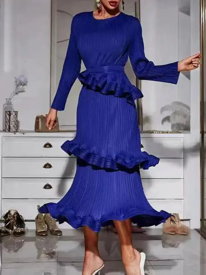 Vestido plissado de três camadas feminino com babados, decote em O, manga comprida, roupa monocromática, encaixe fino, elegante, novo, 2022