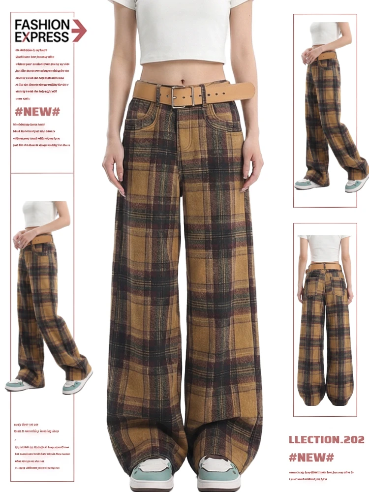 

Yellow Plaid Casual Wide Leg Denim Jeans High Waist Trousers for Women Spring Autumn New Sle American Retro High Street Fas...