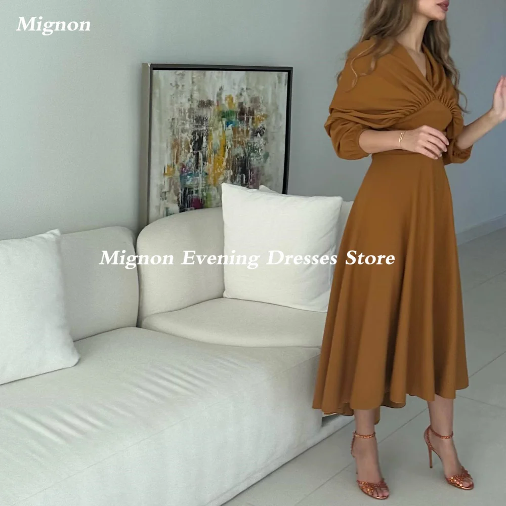 Mignon Satin A-line V-neck Ruffle Formal Prom Gown Ankle Length luxury Evening Formal Elegant Party Dress for Women 2023