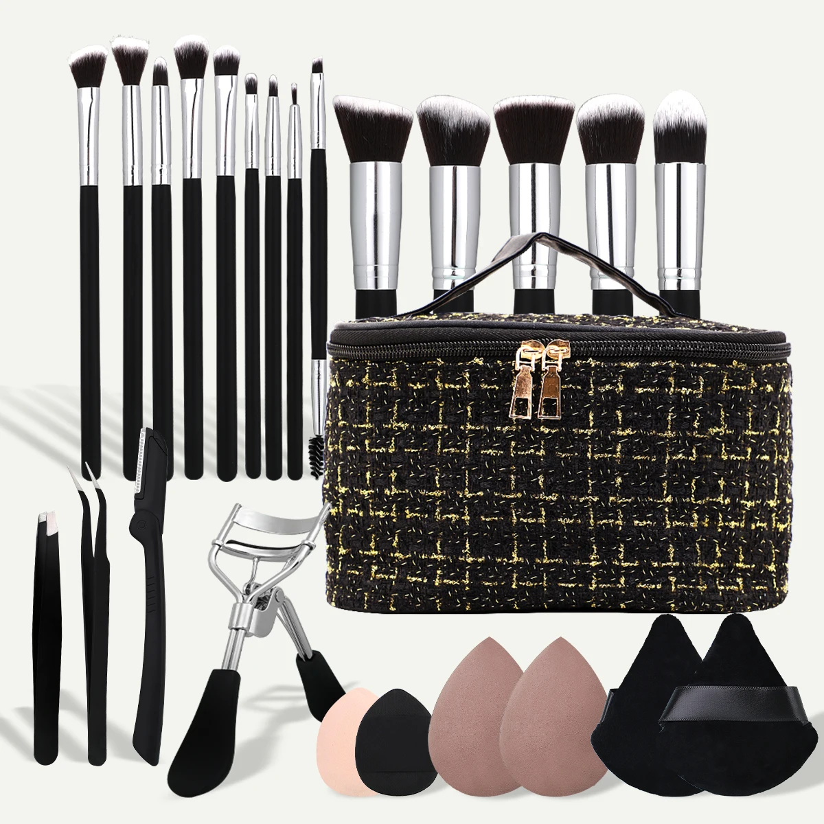 25pcs makeup brush set, stylish design, soft puff, high-quality sponge, essential for traveling.