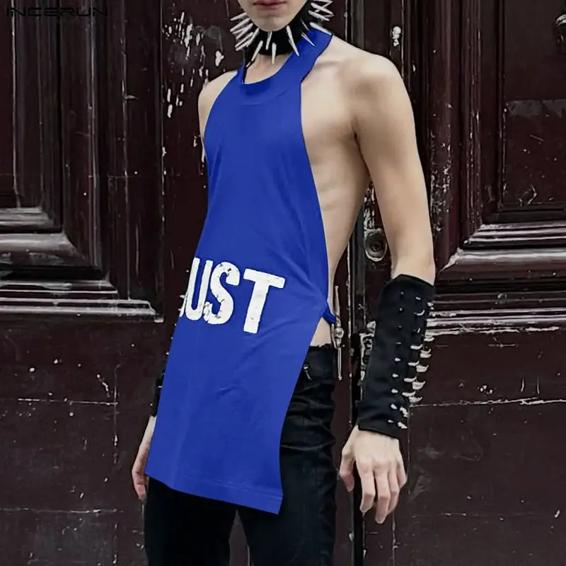 INCERUN Men's Tank Tops Printing Sleeveless Hollow Out Backless Male Vests Summer Sexy Streetwear Fashion Tops For Man Lace Up