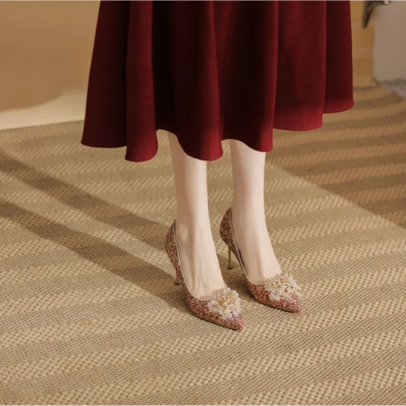 2026 Water Drop Limited Edition Bridal Shoes - Fashionable and Sexy Red Women's High-Heeled Shoes Suitable for Formal Events