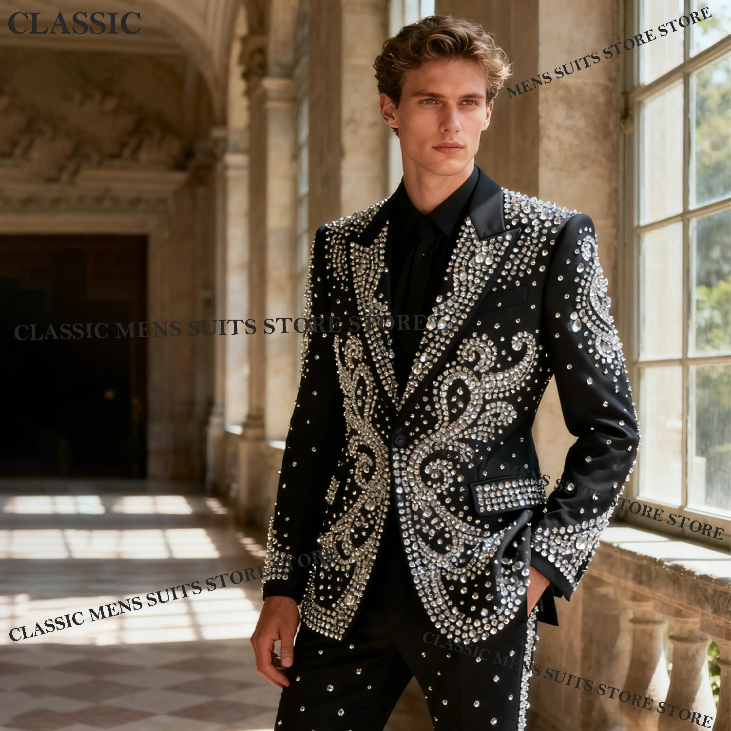 

Coat Style Men Luxury Suit 2 Piece Sets Groom Male Blazers Rhinestone Beaded Peaked Lapel Ropa hombre Wedding Tuxedos Customized