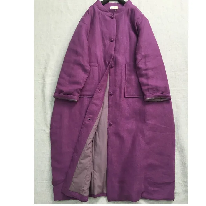 

Элитное зимнее новое пальто из стираного фиолетового льна в китайском стиле с пуговицами, утепленное, на хлопковой подкладке, длинное хлопковое пальто