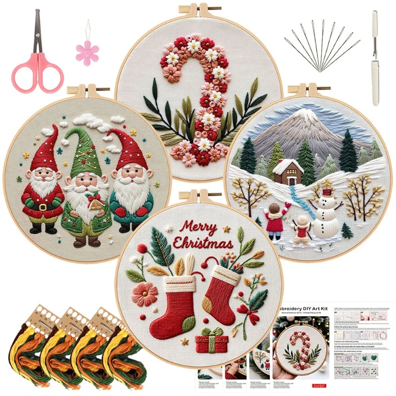 Christmas 3-4 Set Embroidery DIY Starter Kit,Cross Stitch Kits with Pre-Printed Embroidery Fabric, Hoops,Color Threads & Needles