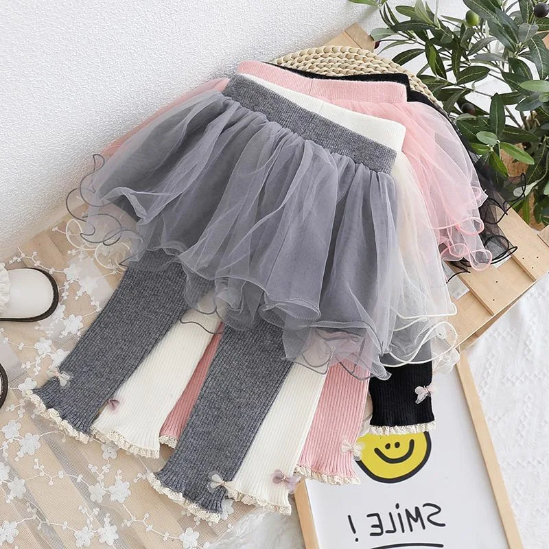 Autumn/Winter Girls' Two-Piece Dress Trousers Fashionable for Younger Children Sweet and Adorable Tulle Puffy Skirt Trousers