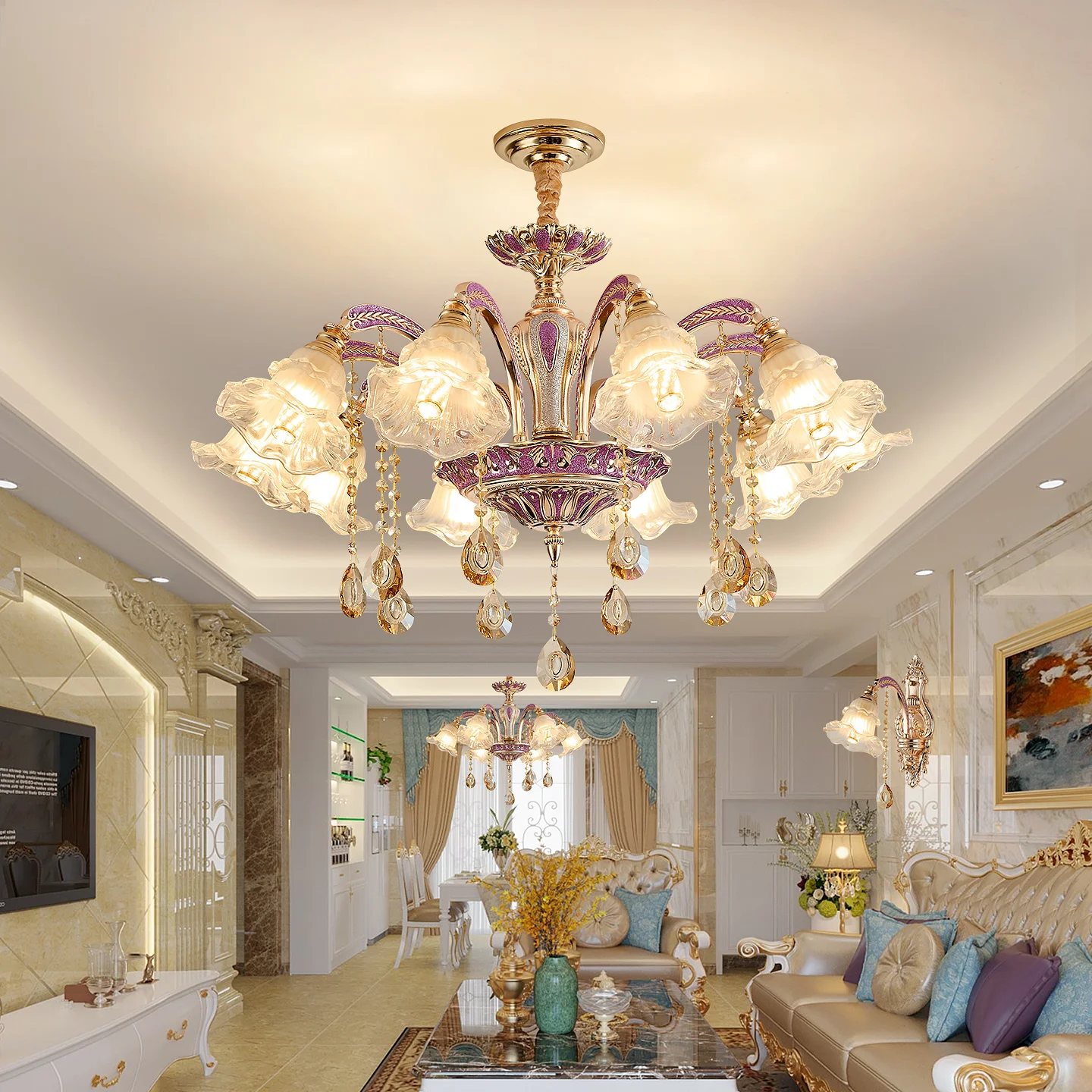 โคมไฟระย้าห้องนั่งเล่นสไตล์ยุโรปโมเดิร์นหรูหราห้องอาหารห้องนอนแสงหลักอิสระวิลล่าฮอลล์โคมไฟใหม่