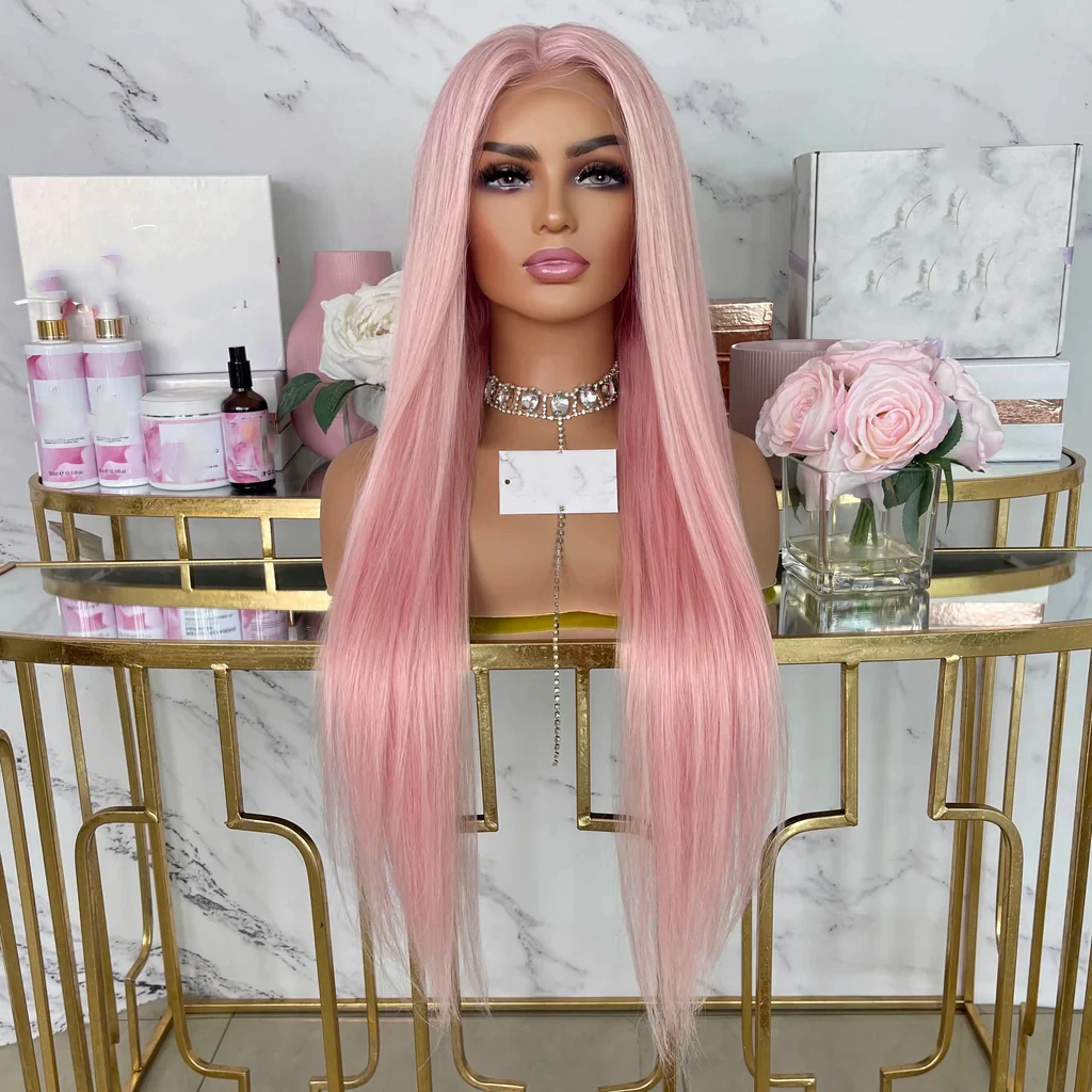 Straight Light Pink Synthetic Hair 13X4 Lace Front Wigs Glueless Lace Wigs with Baby Hair Pre Plucked Fiber Hair Cosplay
